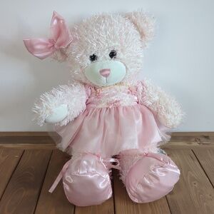 Build-A-Bear Pink Fluffy Teddy in Pink Satin Princess Dress & Shoes Bow Pearls